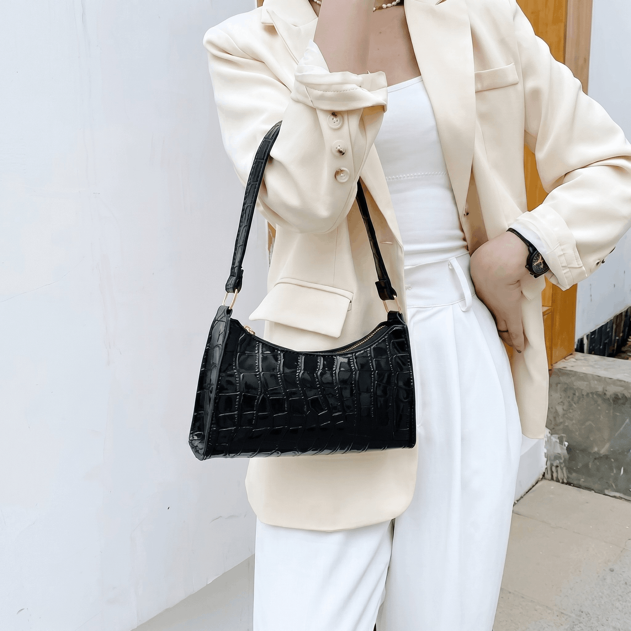 Porset - Bolsa de Hombro Con Textura de Cocodrilo